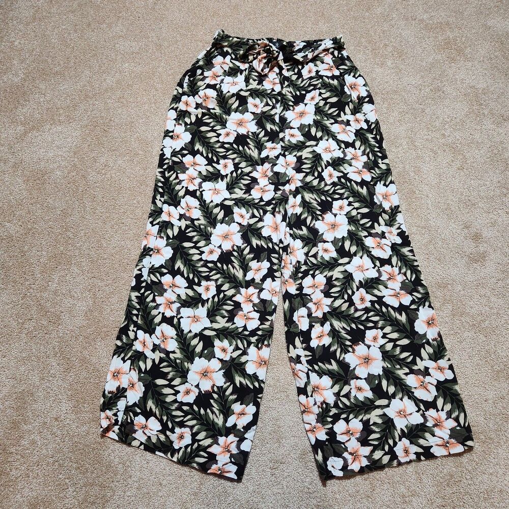 Volcom Coco Beach Pants Women S Wide Leg Black Tropical Floral Pull On Tie